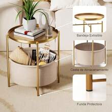 Mesa Auxiliar Redonda con Cesta de Tela Mesita Auxiliar Metálica Mesitas auxiliares Redonda Plegable con Bandeja extraíble Ideal para Dormitorios y Salas de Estar 47 * 47 * 50CM-B006 - como en la foto - Ver 5