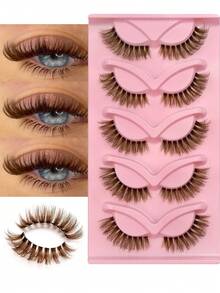 Rikuaild 5 Pairs Brown Cat Eye False Eyelashes, Transparent Band Natural Foxy Eyes Brown Faux Mink Lashes Soft & Comfortable, Fluffy Striped False Lashes For Natural Makeup, Eyelash Extension, Christmas & New Year Gift - 眼尾拉長款 - 查看 1