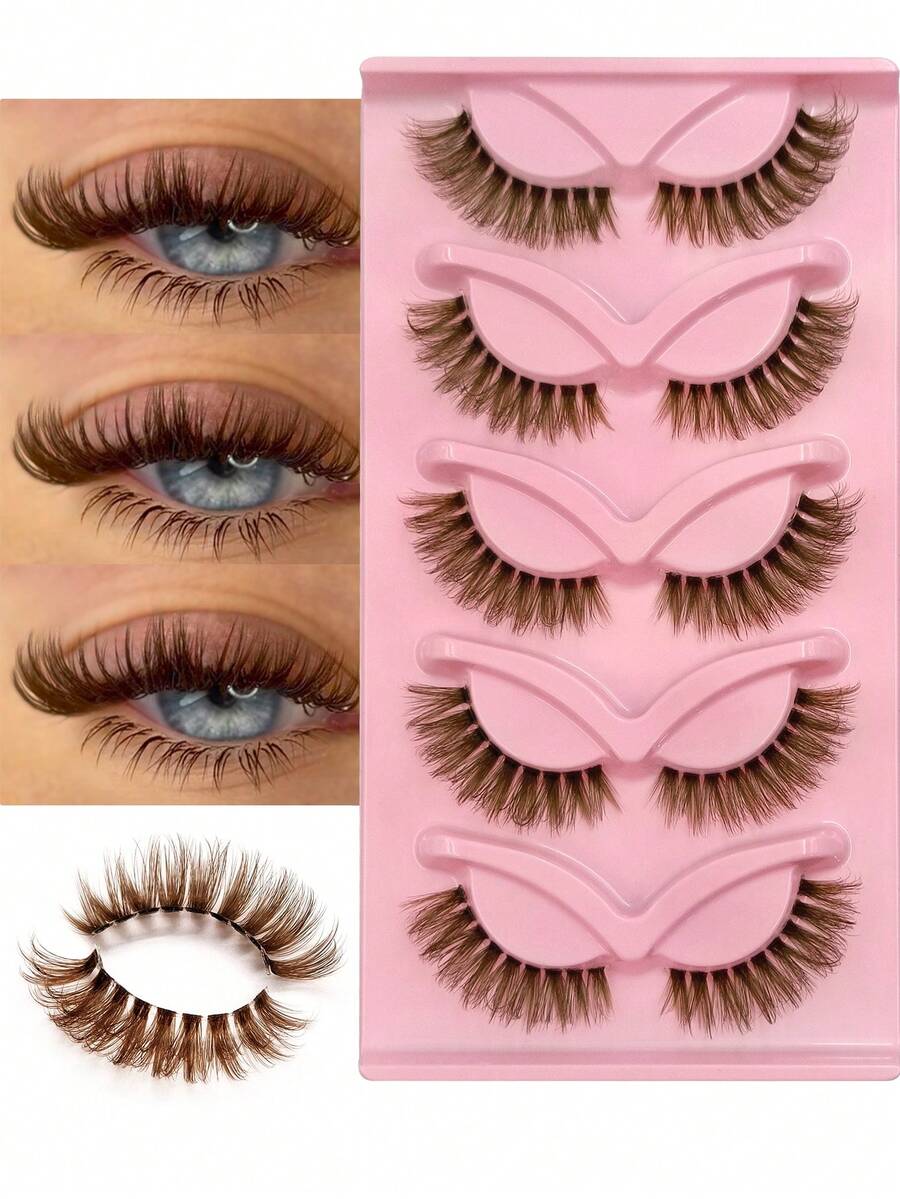 Rikuaild 5 Pairs Brown Cat Eye False Eyelashes, Transparent Band Natural Foxy Eyes Brown Faux Mink Lashes Soft & Comfortable, Fluffy Striped False Lashes For Natural Makeup, Eyelash Extension, Christmas & New Year Gift - 眼尾拉長款 - 查看 1