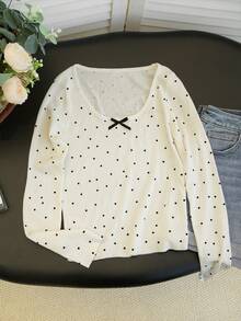 New Spring/Summer Polka Dot Knit Top With Bow Collar, Long Sleeve, Slim Fit, Versatile, Sweet & Youthful - White Background With Black Dots - View 6