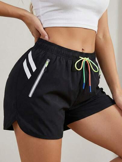 女士夏季休闲撞色条纹抽绳腰运动短裤 黑色