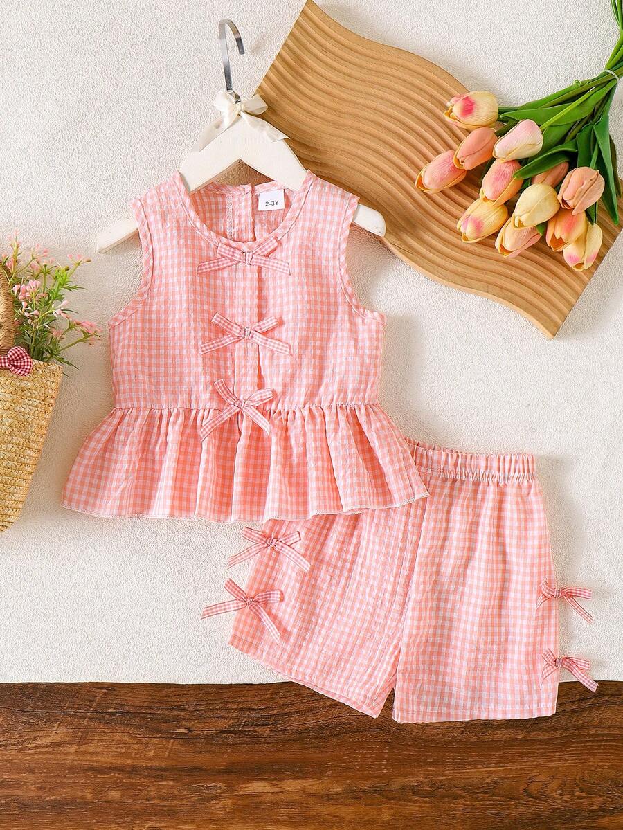 2pcs/Set Young Girl' Sweet Plaid Bow Ruffle Sleeveless Top And Shorts Set, Summer - Pink - View 1
