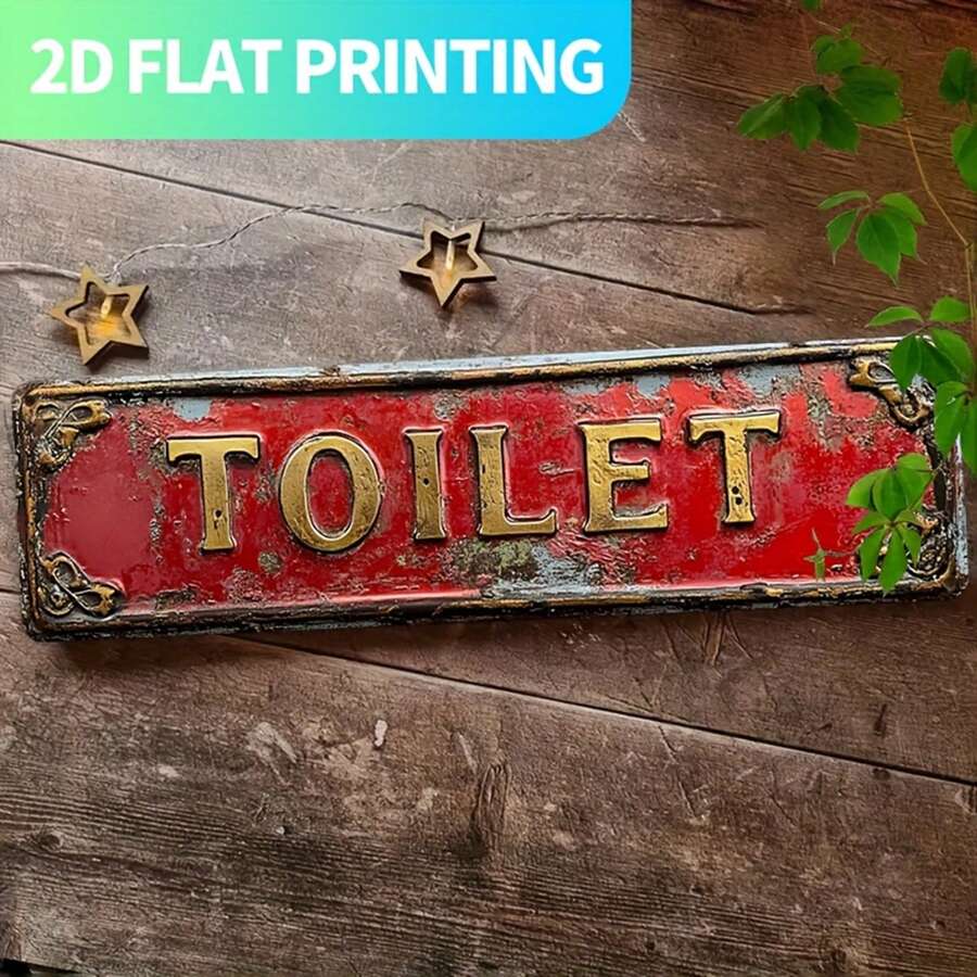 1pc Vintage Metal Sign Plaque, Engraved "TOILET", 2D Flat Design, Iron Material, Size 39.88 X 9.91 Cm. Pre-Drilled Holes For Easy Hanging, Ideal Decor For Home, Kitchen, Farmhouse, Porch - Multicolor - View 1