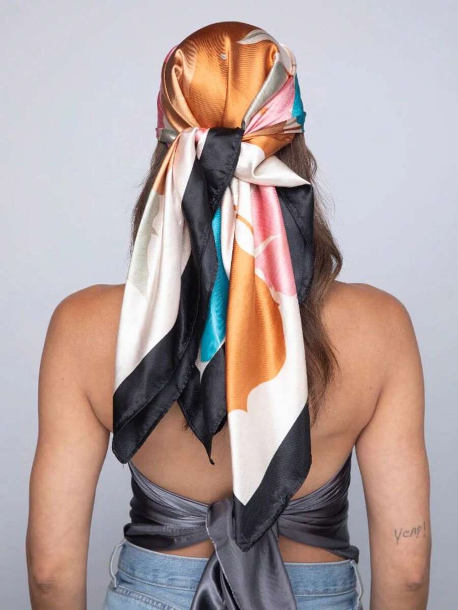 Elegant Women's Printed Satin Scarf 90x90 Large For Hair - L34/bege - 查看 1