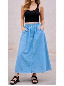 Lightweight Denim Skirt With Elastic Waistband And Pockets - Summer - Rửa nhẹ - Xem 15