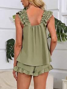 Women's Summer Lounge Set Ruffle Shoulder Strap Tank Tops Drawstring Shorts Sleepwear Sets - màu xanh lá - Xem 2