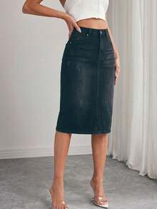 Women's Pocketed Straight Casual Versatile Denim Midi Skirt - Black - View 3