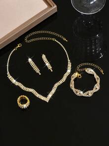 1pc V-Shaped Crystal Jewelry Set, Full Diamond Necklace, Earrings, Bracelet And Ring, Luxury Design, Formal Event Accessory, Gift For Valentine's Day/Mother's Day - Gold - View 4