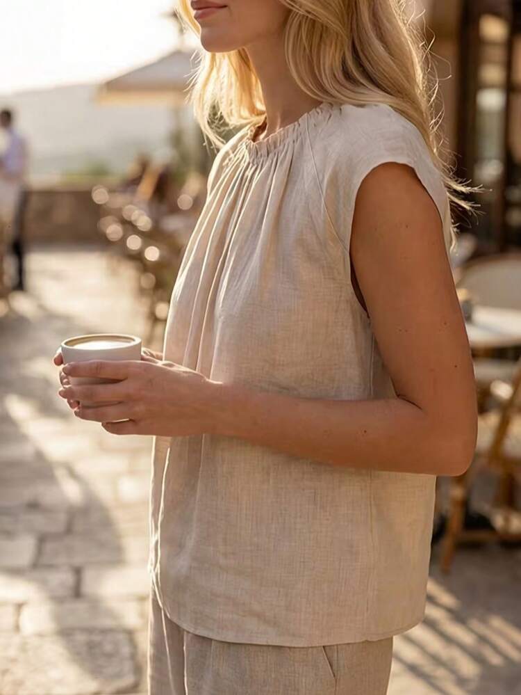 Camisa casual de verano para mujer, diseño de manga raglán con cuello redondo y pliegues, blusa versátil y de moda para el día a día, vacaciones y playa - Albaricoque - Añade 5