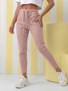 Pantaloni colorati da donna, pantaloni harem in denim, tessuto jogger, vestibilità elasticizzata e ampia, tasche con coulisse, stile boho rilassato e casual. Pantaloni elasticizzati, pantaloni larghi, pantaloni con coulisse, morbidi pantaloni harem, comodo outfit per le vacanze per estate, inverno, primavera e autunno. Pantaloni harem in tessuto elasticizzato verde oliva, lunghezza intera, coulisse in vita, pantaloni casual, streetwear, comodi. - Rosa - Visualizzare 1