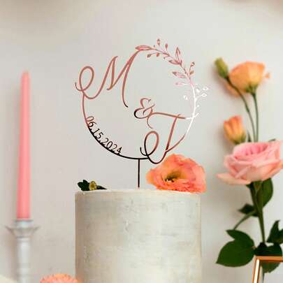 Topo de bolo de casamento personalizado com nome, decoração dourada para bolo de casamento, topo de bolo de casamento em estilo rústico, decoração para celebração de casamento, pode ser personalizado com nome, data e guirlanda, adequado para casamentos e noivados, utensílios de cozinha