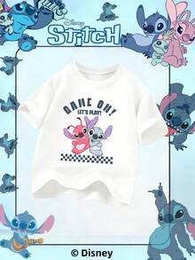 Disney Camiseta de manga corta infantil de  Stitch para niños y niñas, camiseta de algodón estampada RELAX de verano informal - Blanco - Ver 1