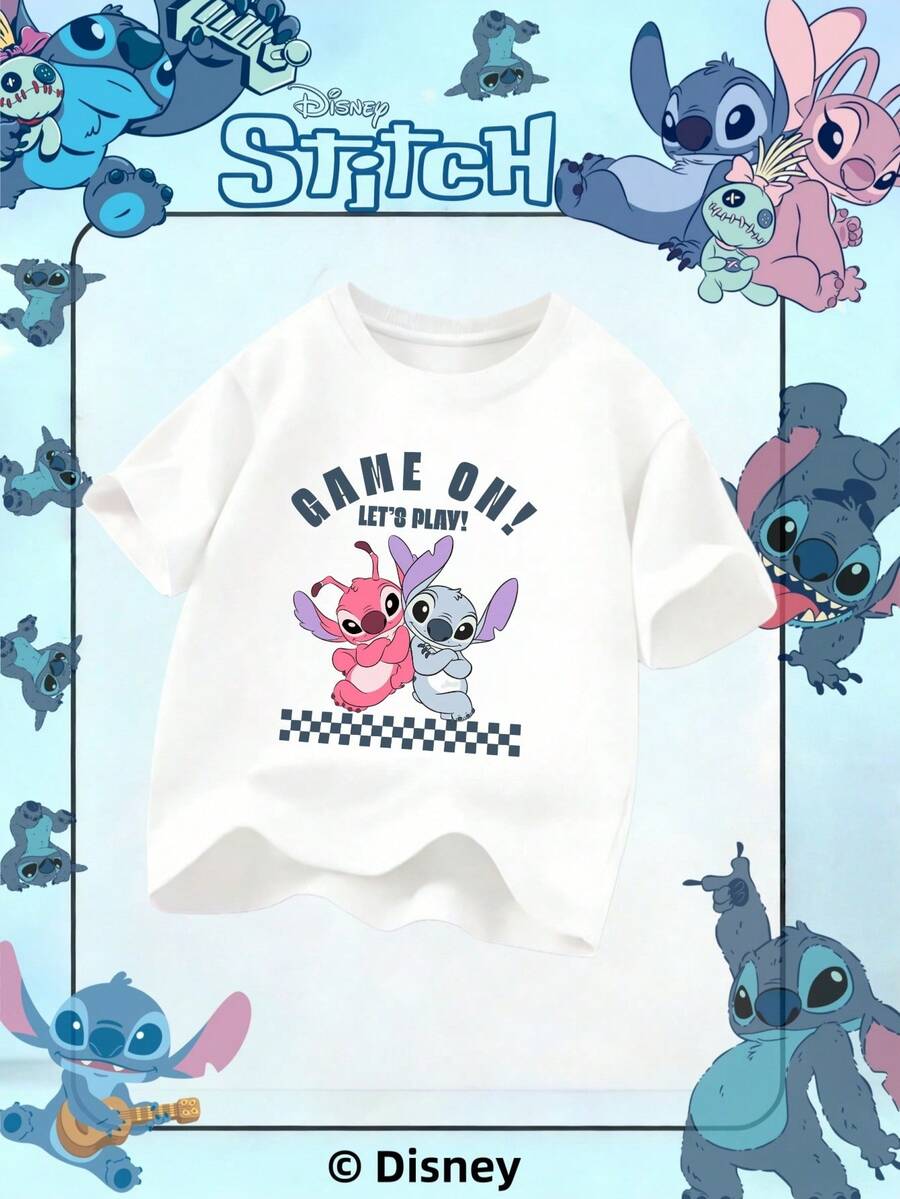 Disney Camiseta de manga corta infantil de  Stitch para niños y niñas, camiseta de algodón estampada RELAX de verano informal - Blanco - Ver 1