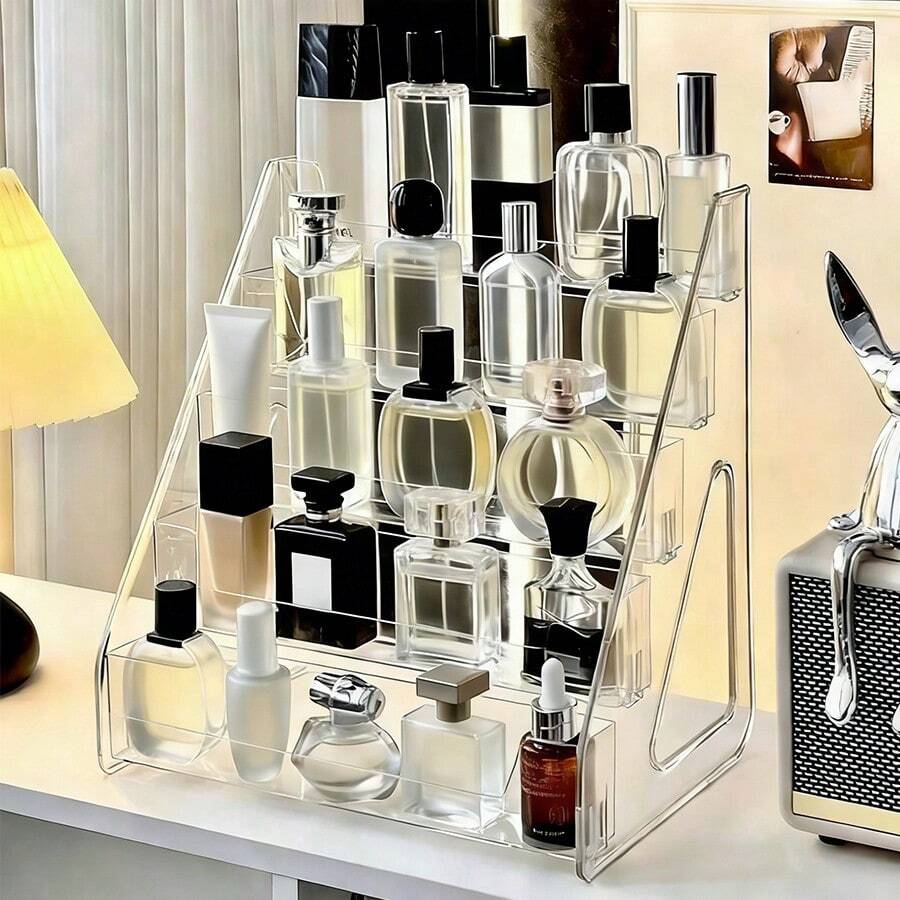 1pc Acrylic Makeup Organizer, Multi-Layer Display Storage Rack For Perfume, Skincare, Cosmetics, Sturdy Pyramid-Shaped Stand, Suitable For Living Room, Bathroom, Bedroom, Home Decor - Clear - View 1