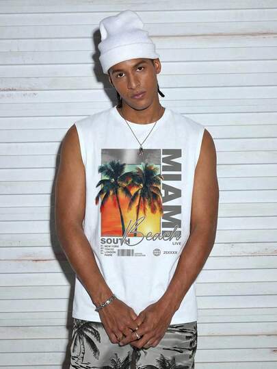 Modcrash 男士休闲棕榈树印花上衣，搭配休闲裤，适合春夏季旅行/度假/户外露营/运动穿着。