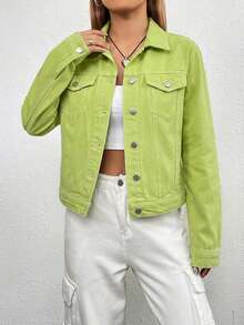 Women's Fluorescent Green Long Sleeve Single-Breasted Casual Jacket - Yellow - View 1