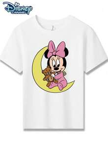 Disney Minnie Mouse With Teddy Bear On Moon Printed Pattern T-Shirts For Girls - Children's Clothing Design Short-Sleeved Casual And Cute Style Comfortable And Casual Wear All Year Round Suitable For Parties And Play Machine Washable Gift Children's Clothing Girls' Short-Sleeved Shirts - White - View 2