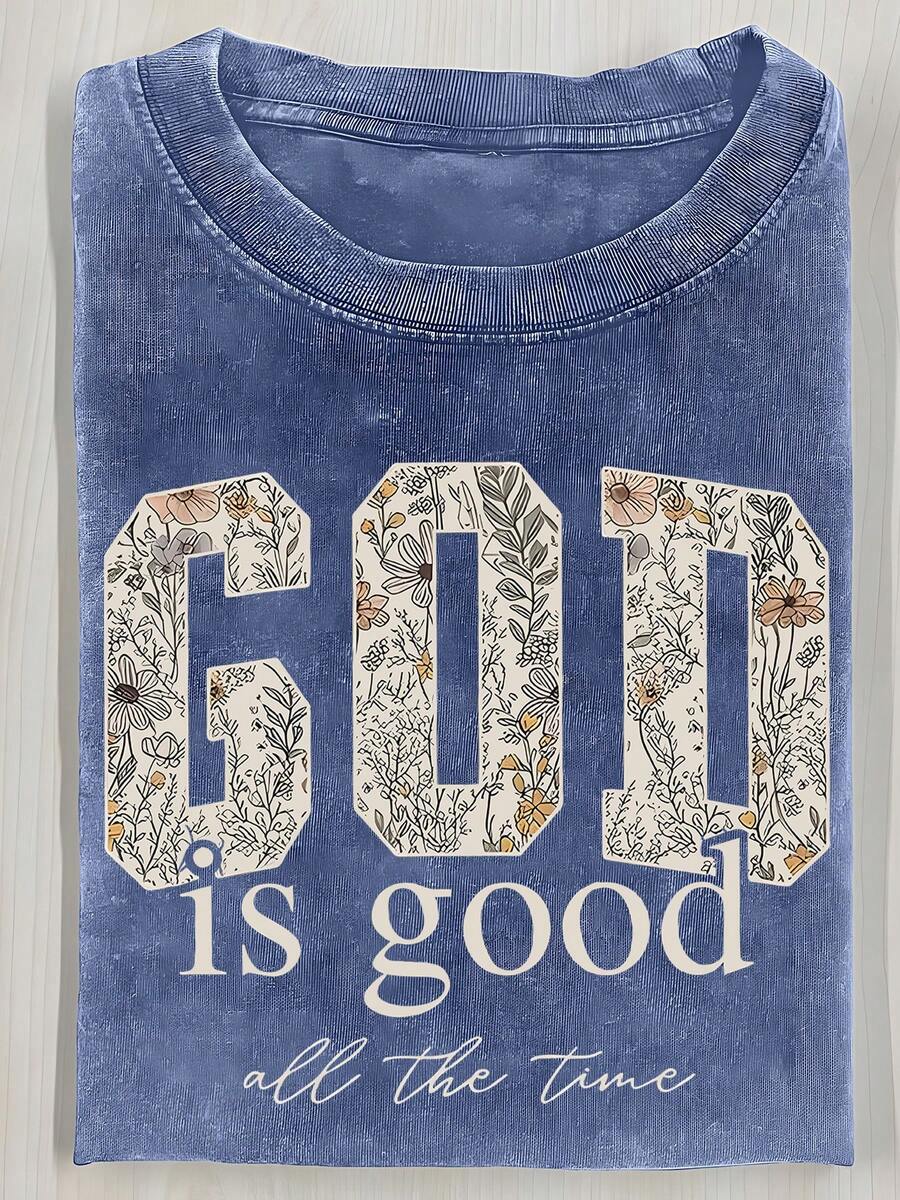 2026 Washed Cotton, GOD Floral Printed T-Shirt, High-Quality Batik Cotton Retro Fashion Brand T-Shirt, Women's T-Shirt, Women's Autumn T-Shirt, Halloween Christmas Gift, Holiday Gift, White Tops, Valentine's Day Outfit, Mardi Gras, Summer Tops,   For Women, Valentine's Day Outfits For Women, Women's Tops, Fairycore, , Elegant Women's Outfits - 寶藍色 - 查看 1