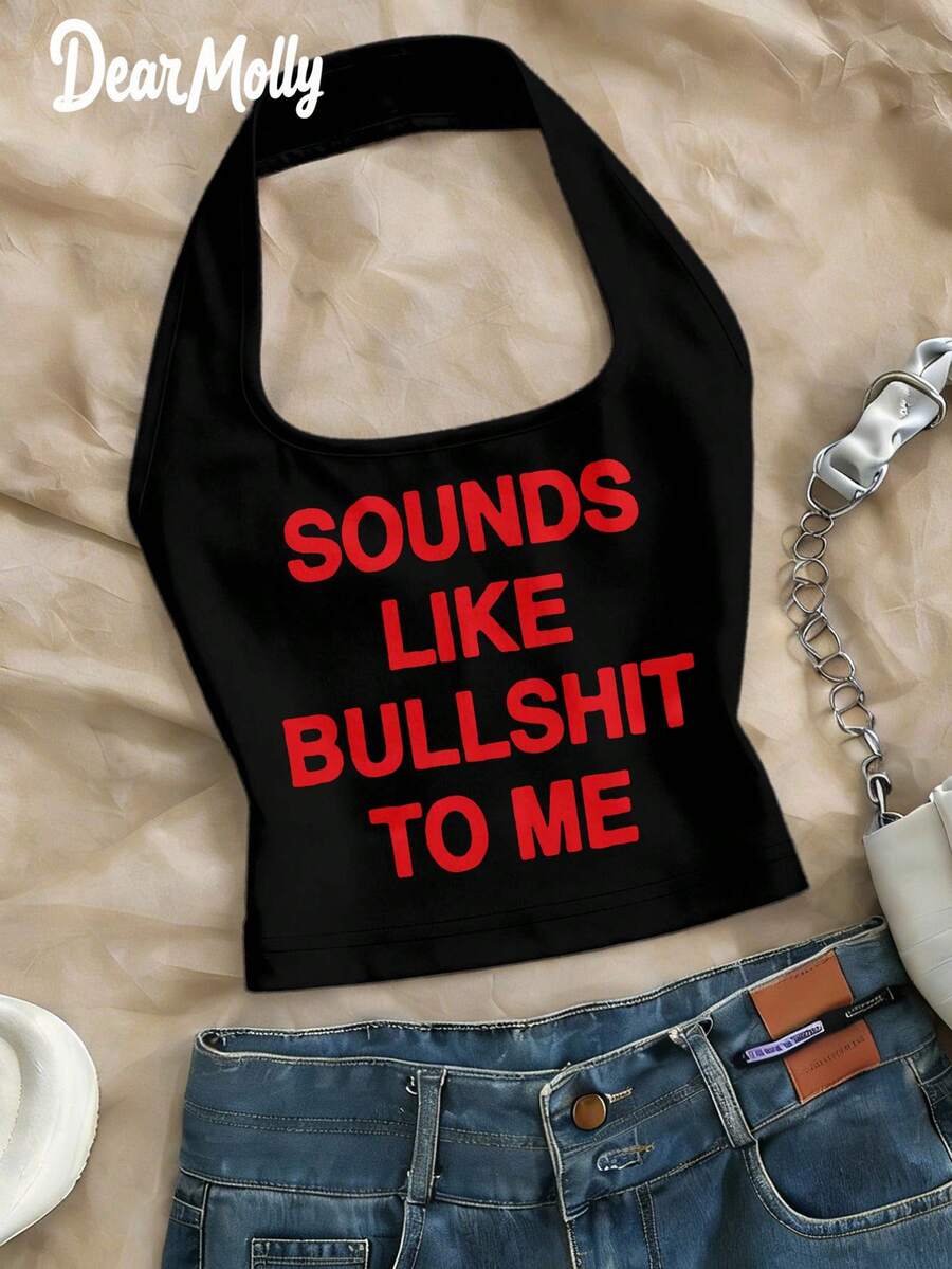 Sounds Like Me 字母图案露背吊带性感背心，适合春夏日常休闲穿着，黑色 - 黑色 - 查看 1