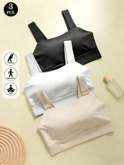 3件装纯色女士运动文胸，轻盈无钢圈，固定罩杯，防滑加厚，聚拢塑形，减震内衣；短款无缝极简宽肩带舒适户外运动健身塑形吊带背心。