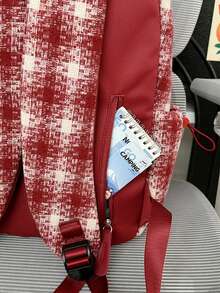 1pc Red & White Plaid Canvas Multi-Compartment Backpack, Zipper Closure, Suitable For Students And Commuting, All Season - Multicolor - View 7