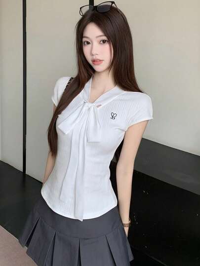 韩版蝴蝶结短袖T恤，夏季小众设计，Pure Desire修身可爱露脐上衣