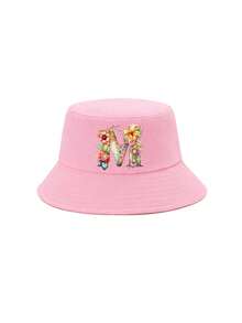 1顶女童粉色花卉字母图案渔夫帽，26个字母个性化时尚款，复古优雅轻便防晒，适合生日、节日、返校、四季休闲、户外、日常佩戴 - 粉色 - 查看 52