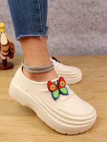 Women's Lightweight EVA Plus Size Slip-On Mules, Butterfly Decor Waterproof Non-Slip Backless Sandals, Adjustable Flat Soft Bottom Shoes Suitable For Beach, Hiking, Garden, Lab, Spring/Summer - Beige - View 3