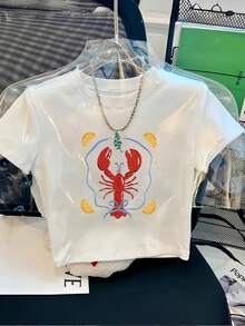 1pc Y2K Lobster Lemon Ocean Food Element Women's Printed Pattern, Casual Short Sleeve Crop T-Shirt, The Perfect Birthday Gift, Holiday Gift, Women's Crop T-Shirt, High Waist Design Short Sleeve Top, Perfect Birthday Mother's Christmas Valentine's Day Gift - trắng - Xem 1