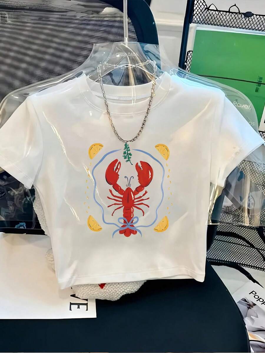 1pc Y2K Lobster Lemon Ocean Food Element Women's Printed Pattern, Casual Short Sleeve Crop T-Shirt, The Perfect Birthday Gift, Holiday Gift, Women's Crop T-Shirt, High Waist Design Short Sleeve Top, Perfect Birthday Mother's Christmas Valentine's Day Gift - trắng - Xem 1