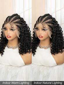 优雅杰瑞卷辫子波波头假发，女士款 - 13x6蕾丝前额，轻盈合成纤维，手工盒式辫子，带婴儿发 - 黑色 - 查看 9