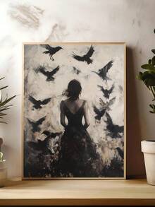 1pc Gothic Dark Woman Silhouette With Witchy Ravens Print, Moody Forest Decor, Festival Gift,Suitable For Bedroom,Living Room,Apartment,Wall Arts,Wall Decor,Home Decor,Room Decor, Canvas Wall Art, Posters, Wall Art With Frame, Optional Frame ﻿ ﻿ - A - View 5