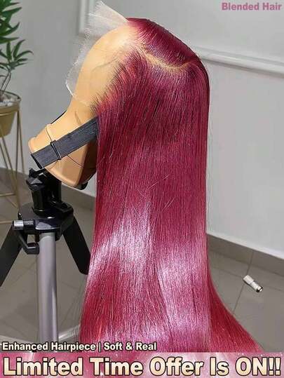 34 Inch 13x4 200% Density Straight Lace Front Wigs - Brazilian Virgin Pre Plucked Straight Transparent HD Lace Frontal Wigs Glueless - #BUG Wine Red #99J Bugundy Color Wigs Frontal Glueless - Put On And Go Straight No Glue Needed No Skills Pre Cutting Real Hair Straight Middle Part Wigs Human Blended Hair Wigs Glueless Weaves Wigs For Women - Natural Look For Women Blended Hair