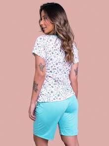 Women's Printed Short-Sleeved Fisherman Pajamas With Floral Shorts - 薄荷綠 - 查看 3