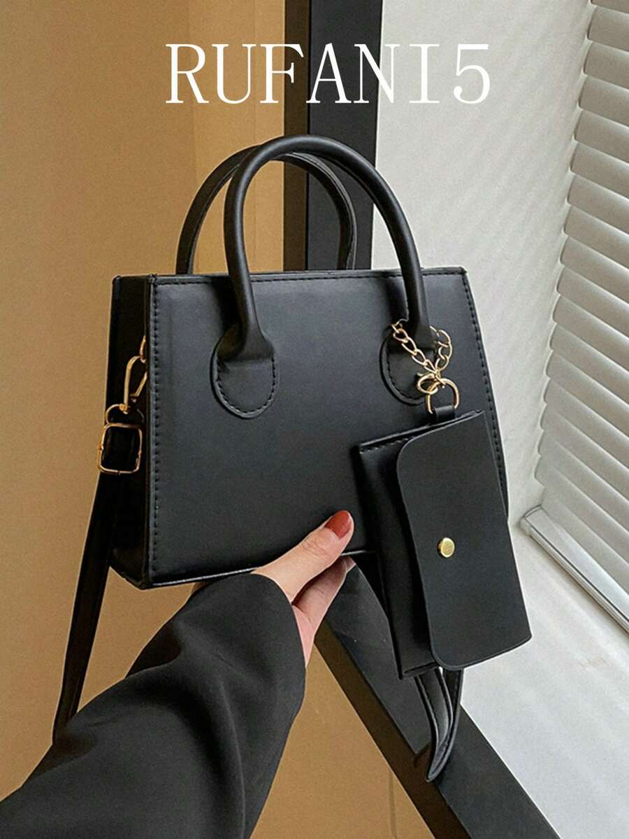 Fashionable Solid Color Handbag With Coin Purse , Women Bag With Dime Bag - Black - View 1