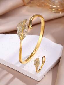 2pcs Shiny Elegant Leaf & Star Women Bracelet & Ring Set, Suitable For Banquet Party And Evening Gown Occasions - Leaf - View 4