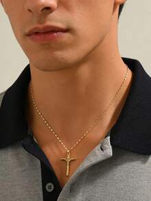 1pc Minimalist Unisex Jesus Statue Cross Pendant Necklace, Versatile Christian Cross Jewelry, Suitable For Daily Faith Outfit, Easter Gift - Yellow Gold - View 2