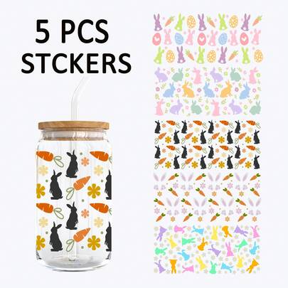 5pcs Easter Bunny, Carrot, Egg Theme UV DTF Cup Stickers, Waterproof Scratch-Resistant 3D Crystal Stickers, Suitable For 16oz Glass Cups, Mugs, Crafts, Great For Decorating Personal Items (4.3in X 9.4in)
