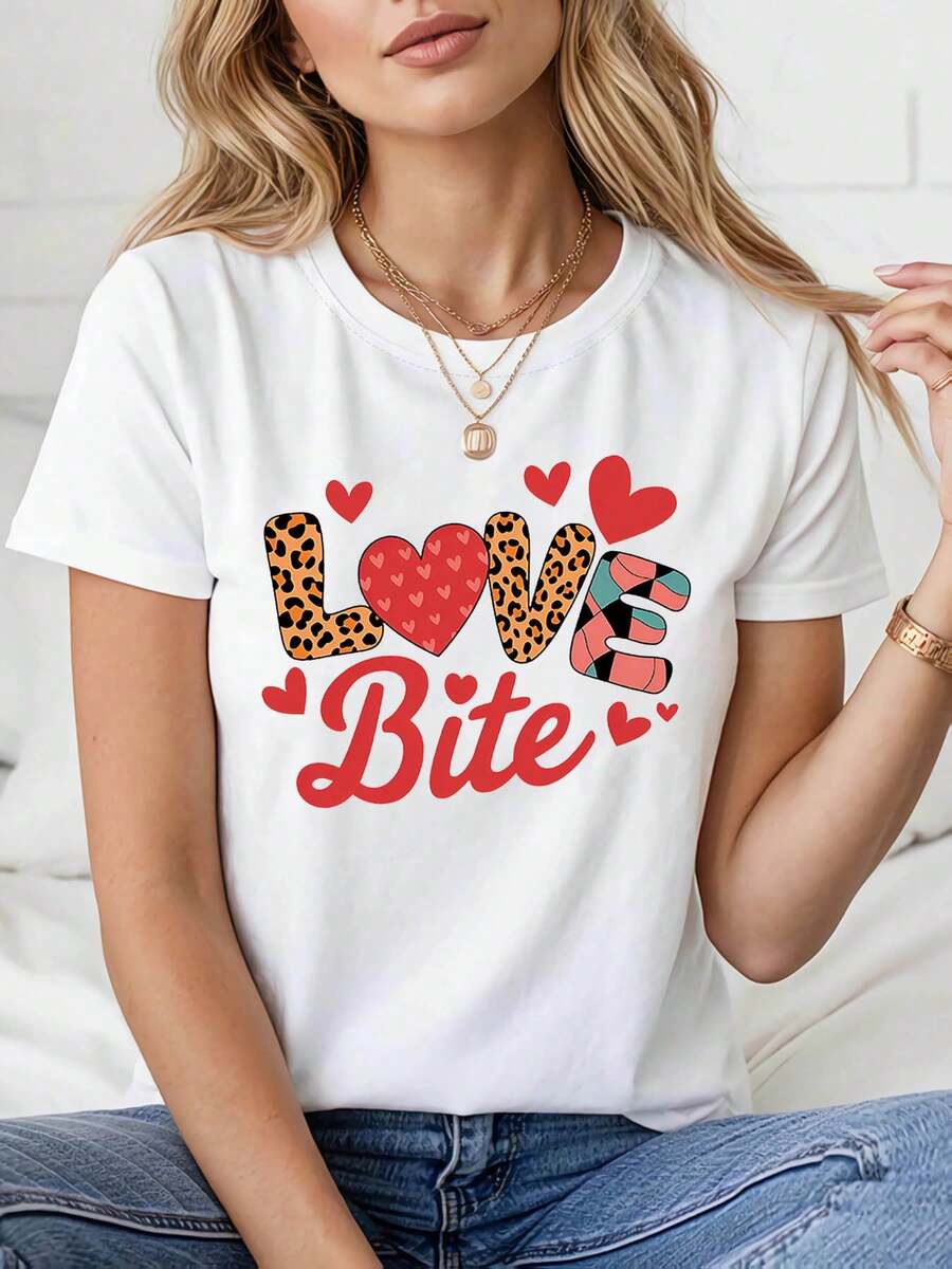 Camiseta Casual de Manga Corta con Estampado de Leopardo Love Bite para Mujer, Primavera - Verano, Estilo Diario, Salidas Cotidianas, Regalo de Vacaciones