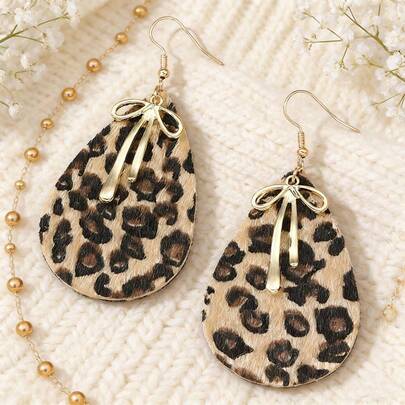 1 Pair Leopard Print Leather Pendant Earrings, Fashionable & Unique Bohemian Style Big Hoop Earrings, Versatile Accessory For Women