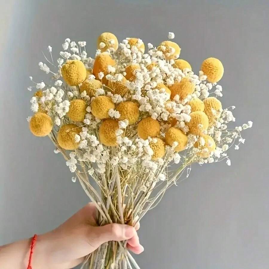 1 Buquê de Flores de /Verão, Bolas Douradas, Buquê Floral Amarelo, Eucalipto, Gypsophila, Grama das Pampas, Buquê de Plantas Naturais, para Vaso, Casamento, Buquê de Noiva, Decoração Doméstica/Escritório, Festa, Adereços de Fotografia, Presente de Aniversário - G - Visão 1