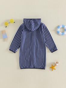 Kids Boys Girls Hooded Terry Coverups One Piece Swimsuits Beach Zip Up Long Sleeve Striped Swim Cover Up Swimwea - 藍色 - 查看 2