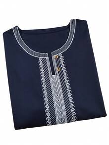 Men's Eid Embroidered Robe Thobe Men's Solid Color Pullover Gandoura Thawb Men's Traditional Gandoura Thobe Robe With Pockets - Navy Blue - View 5