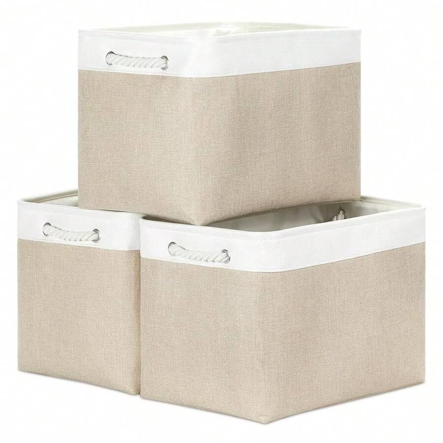 Large Storage Baskets For Organizing Fabric Closet Organizers Storage Bins With Handles 3-Pack 16x11.8x11.8 Inch Collapsible Baskets For Shelves Clothes Home Organization L-White&Beige - 白色和米色 - 查看 1