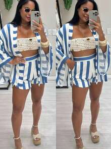 Women's Kimono And Shorts Set - Blue - View 2