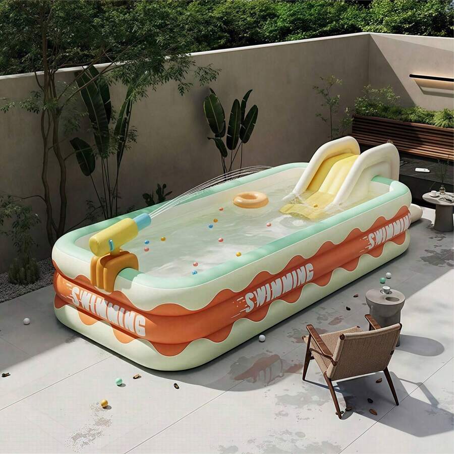Foldable Inflatable Swimming Pool, PVC Material, Wave Edge "Swimming" Print - Ideal For Outdoor Patio And Garden Entertainment. Suitable For Backyard Water Play, Family Pool Parties, Available In Multiple Sizes, PVC Material, Bottom Drain Hole (Subject To Actual Item Received, Slight Size Variation Is Normal)