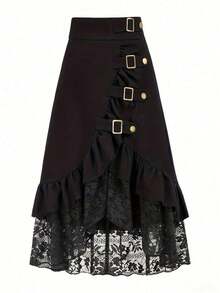 Gothic Style Lace Patchwork Ruffle Hem Solid Color Pirate Skirt - màu đen - Xem 2