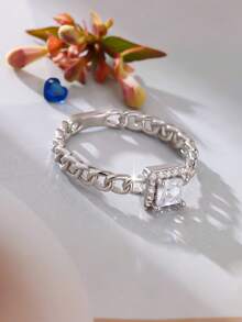 1枚优雅简约链条设计方形合成立方氧化锆女士戒指，适合日常佩戴、派对、宴会、婚礼、送礼——四季皆宜 - 銀色 - 查看 4