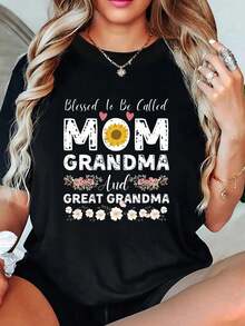 Camiseta con estampado geométrico para el Día de la Madre para mujer, informal, cuello redondo, manga corta, lavable aáquina, perfecta para camisetas de verano 2026, conjuntos de primavera y verano para mujer, blusas negras tees - Negro - Ver 6