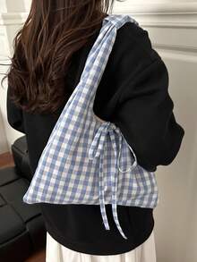 时尚甜美格纹高端简约包包，2026新款复古风女士大容量包 - 藍色 - 查看 4